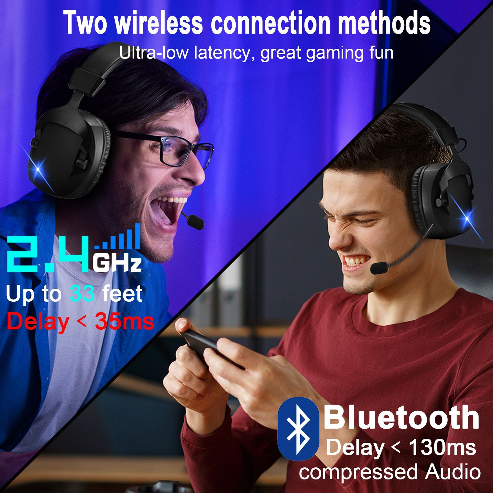 Over-Ear Bluetooth Gaming Headphones 2.4G Wireless Mic PS5 PC