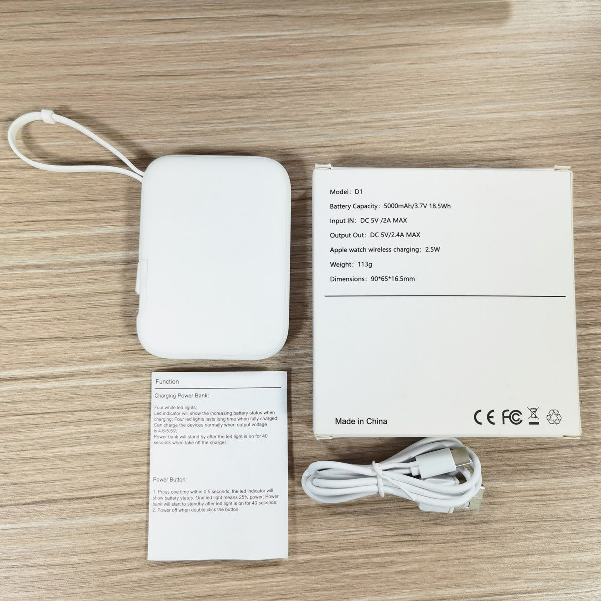 5000mAh 3-in-1 Portable Power Bank with Built-in Cable
