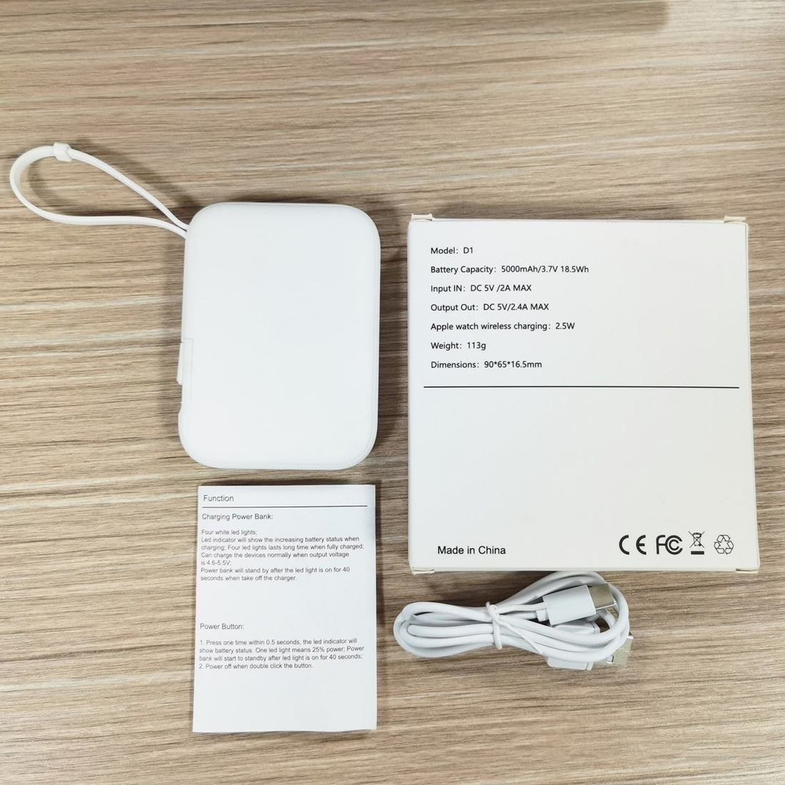 5000mAh 3-in-1 Portable Power Bank with Built-in Cable